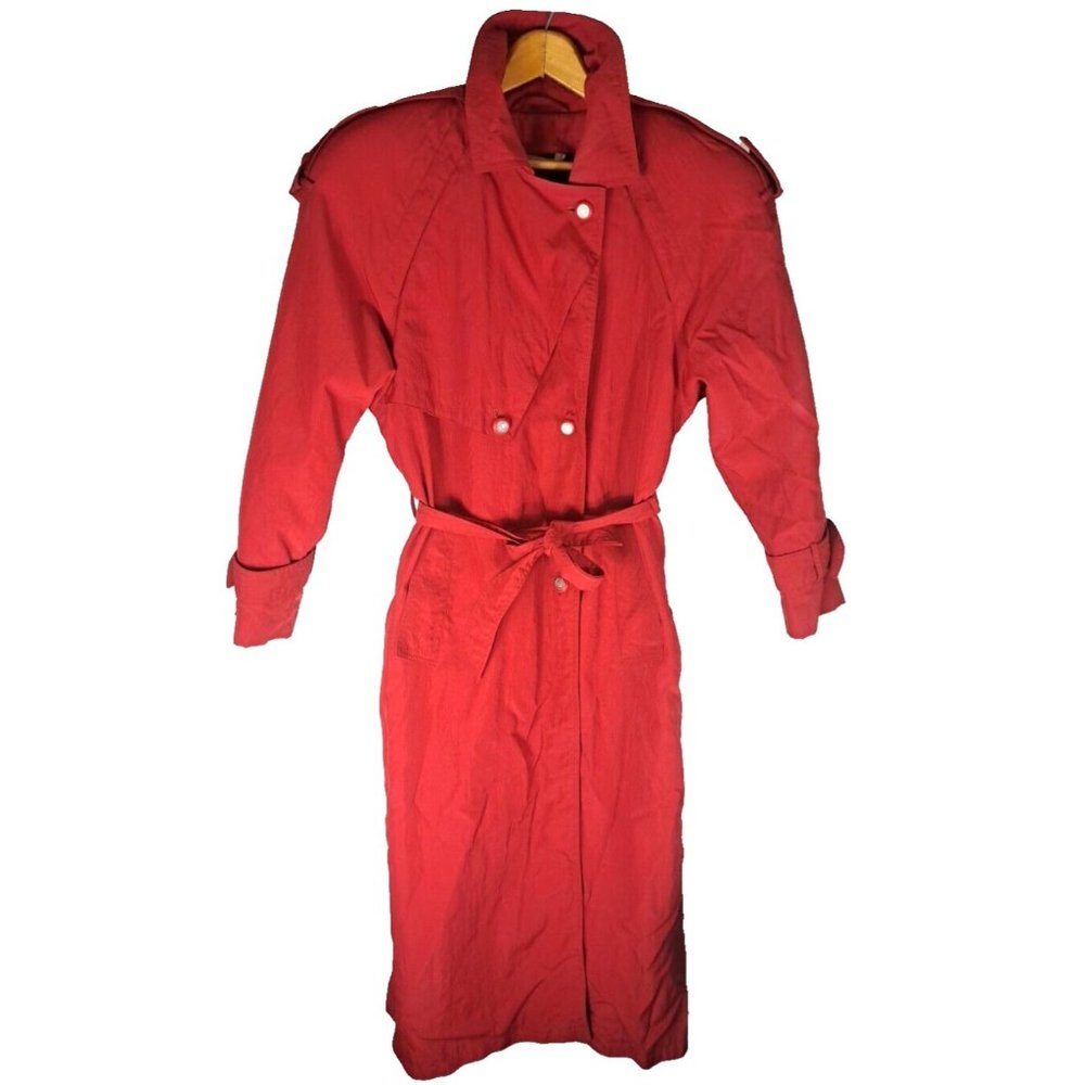 Women's VTG Red Trench Coat The Water's Edge Removable Liner Retro Glam Belted 8